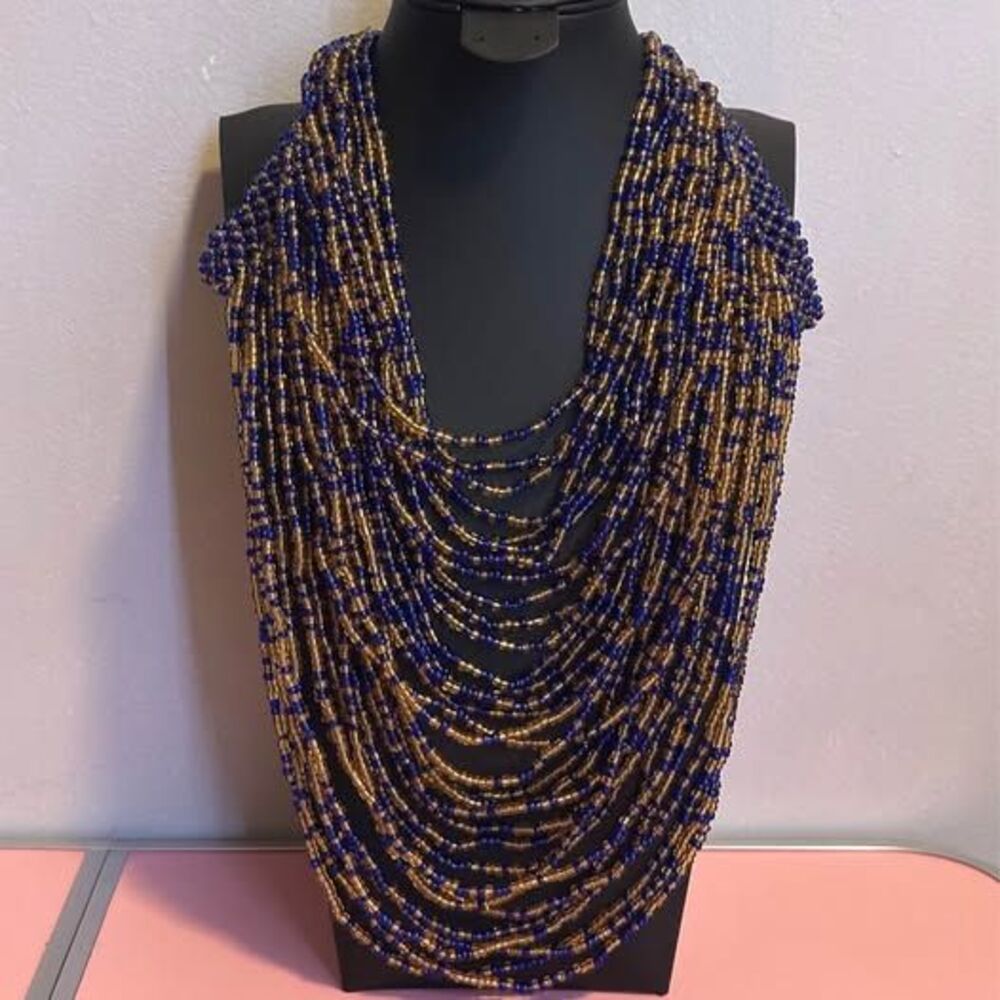 Vintage Blue and Gold Multi Strand Seed Bead Necklace